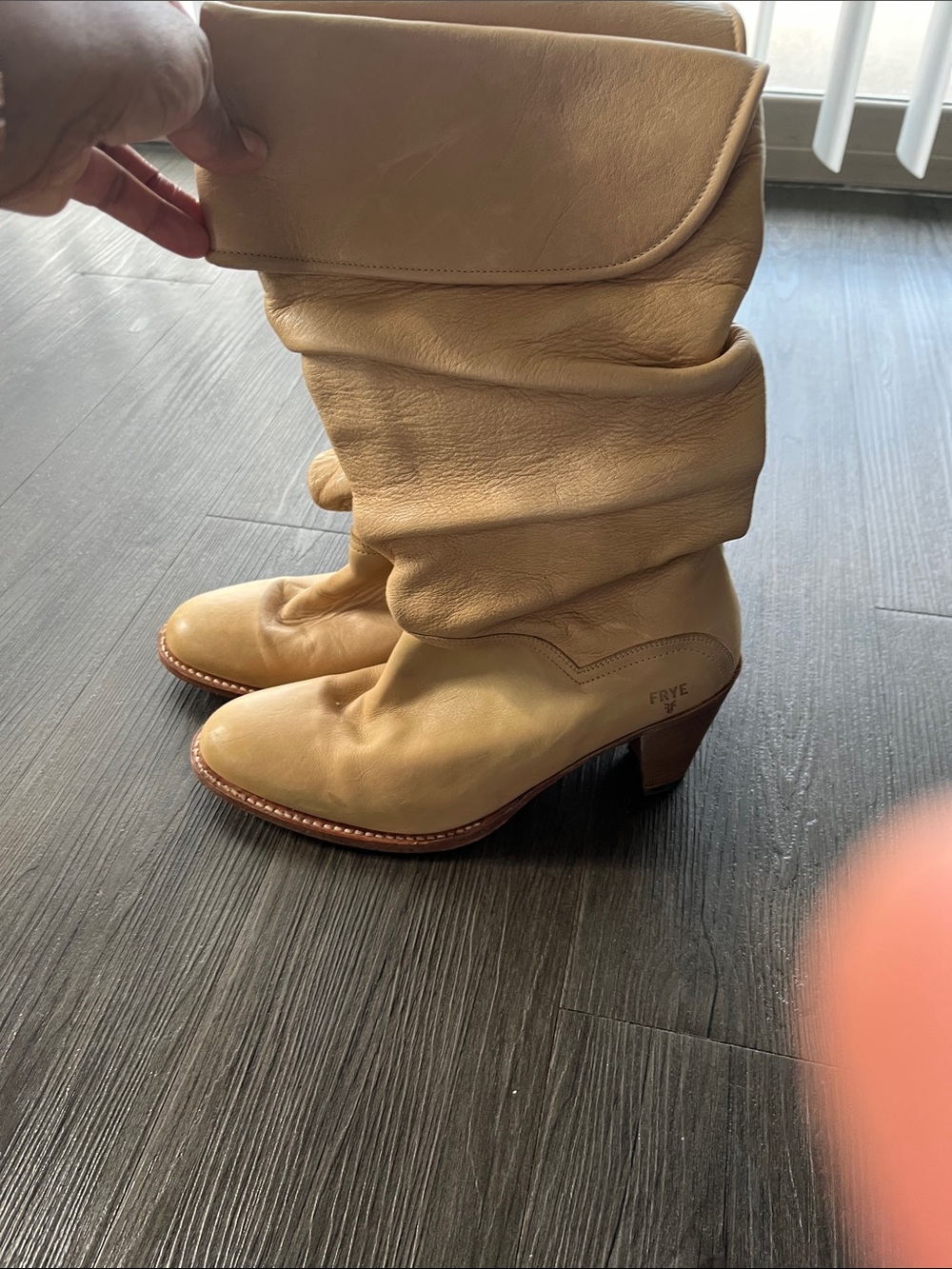 Frye Tan Slouch Leather Mid-Heel Fold-Over Boots
